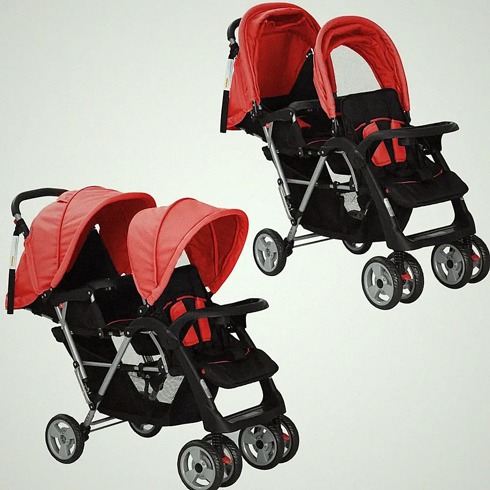 Tandem-Kinderwagen für 2 Kinder Stahl faltbar Geschwisterwagen UV-Schutz