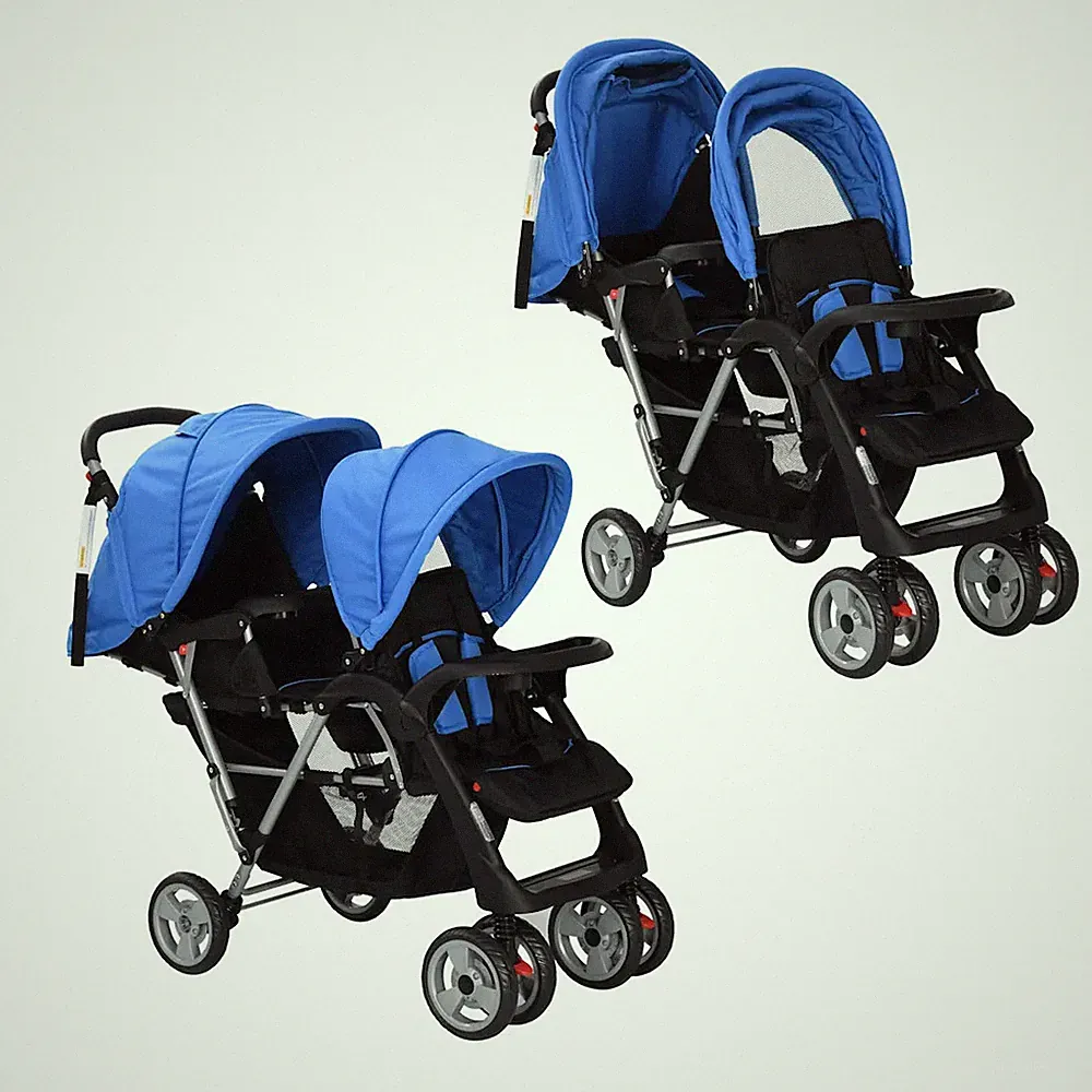 Tandem-Kinderwagen für 2 Kinder Stahl Geschwisterwagen faltbar Korb