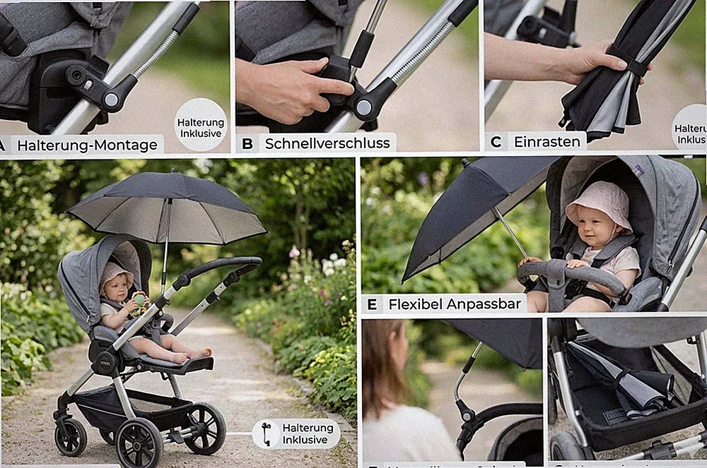 Teutonia Kinderwagen Sonnenschirm / Regenschirm Schwarz inkl. Halterung