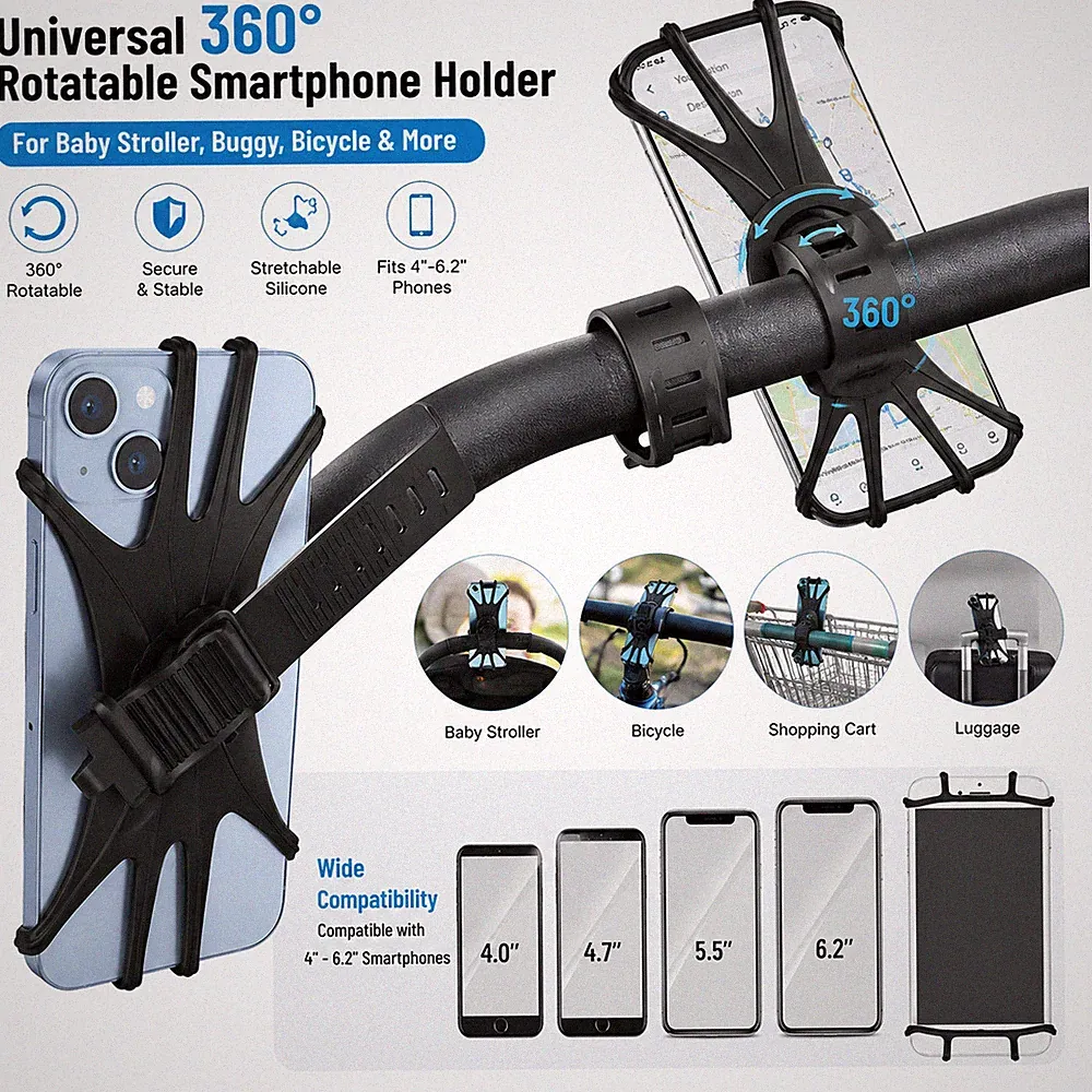 Universal Smartphone Halter 360° Drehbar für Kinderwagen Buggy Fahrrad Silikon H