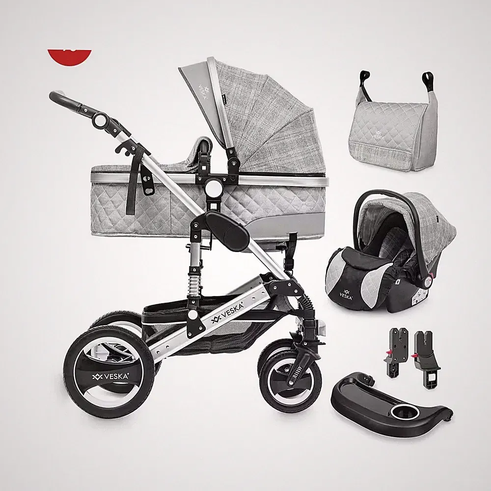VESKA 3-in-1 Kombikinderwagen/Sportwagen grau mit Wanne, Babyschale, Tasche
