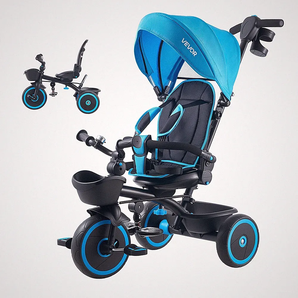 VEVOR Dreirad Kinderdreirad Kinderwagen für 1-5 Jahren mit Schubstange Blau