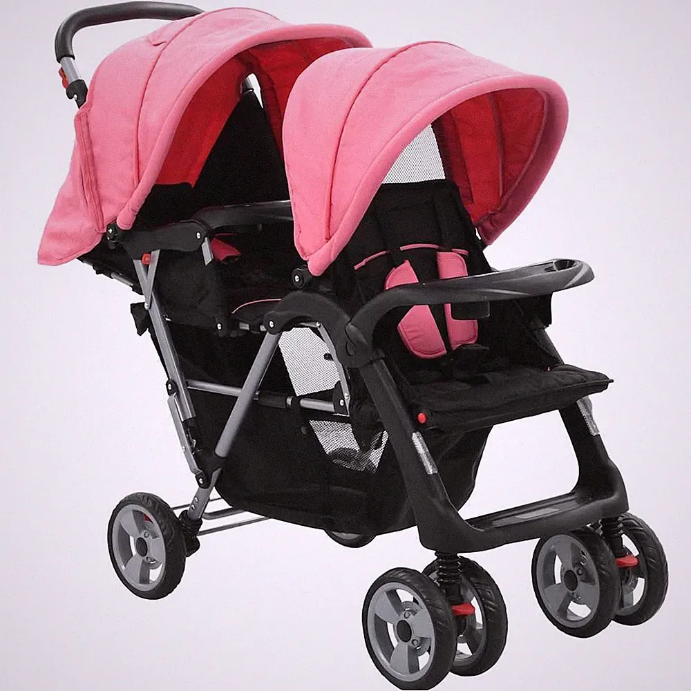 vidaXL Tandem-Kinderwagen für Zwillinge, Rosa und Schwarz, Stahl