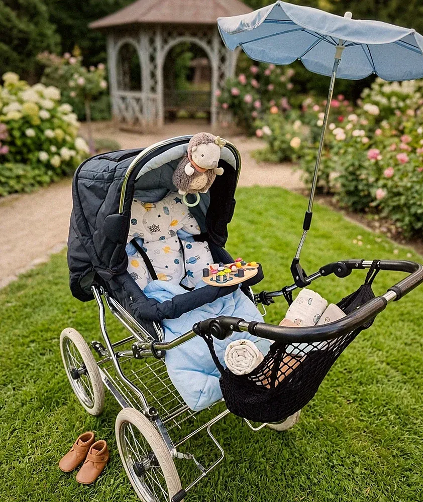 Vintage Hesba Kinderwagen SEHR VIEL Zubehör blau hellblau Kombiwagen Marineblau