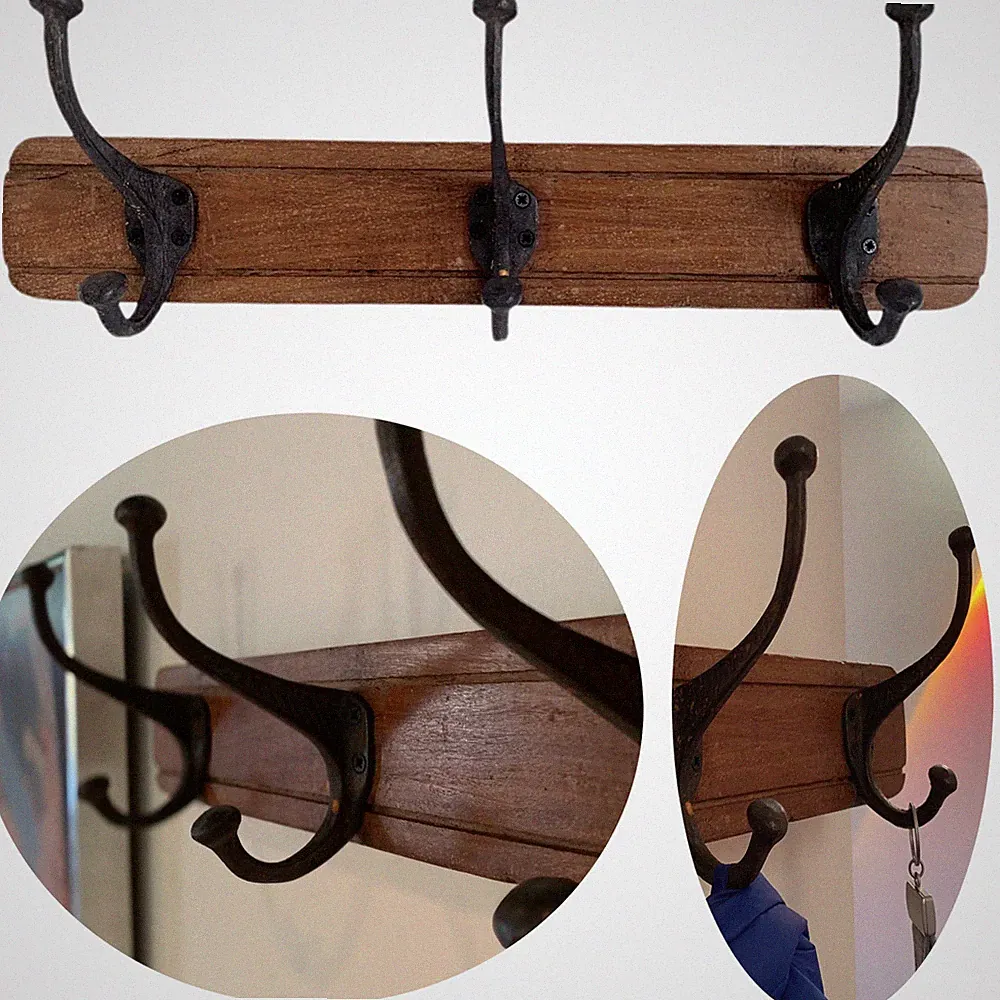 Vintage Holz Wandgarderobe 3 Haken Braun 45cm Garderoben-Leiste Mantel Shabby