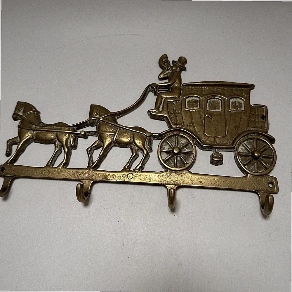 Vintage Schlüsselhalter/Hakenablage Messing Pferd und Kutsche Wandbehang 4 Haken
