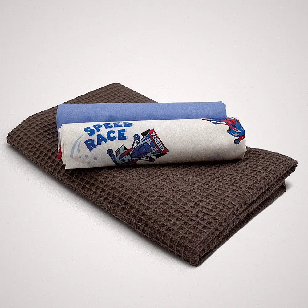 Waffelstoff Set + 2x Baumwollstoff je 0,5m x 1,5m Stoffpaket Set 60 Rennwagen