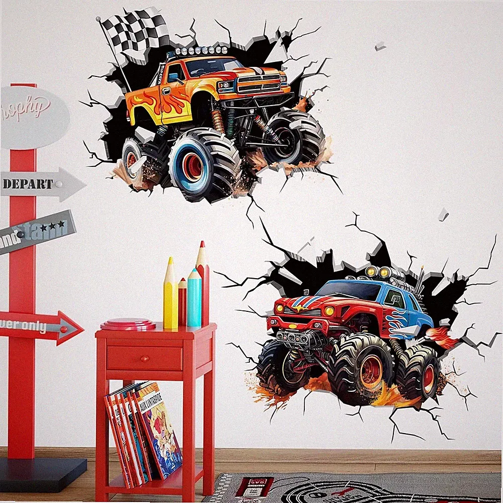 Wandtattoo 3D Autos Rennwagen Lastkraftwagen Junge Kinderzimmer Wandsticker