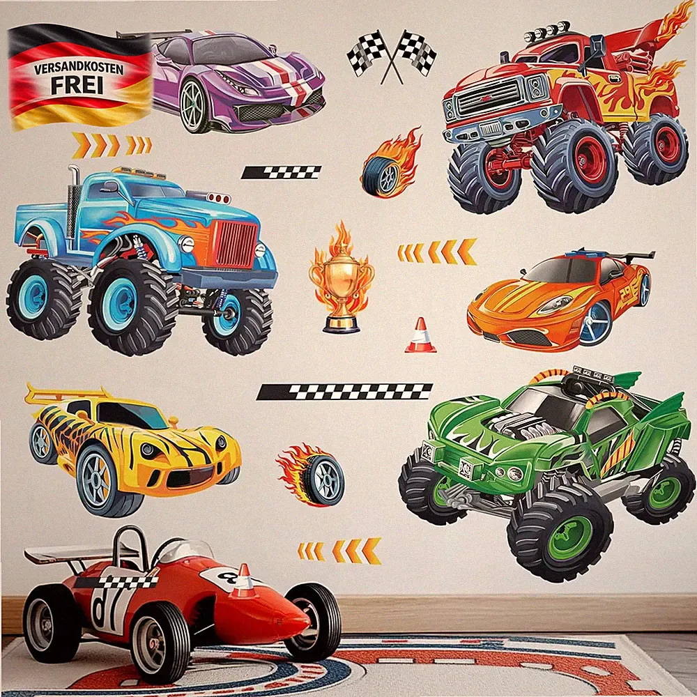 Wandtattoo Rennwagen Kinderzimmer Dekor Set 2 Stück wasserfest & abziehbar