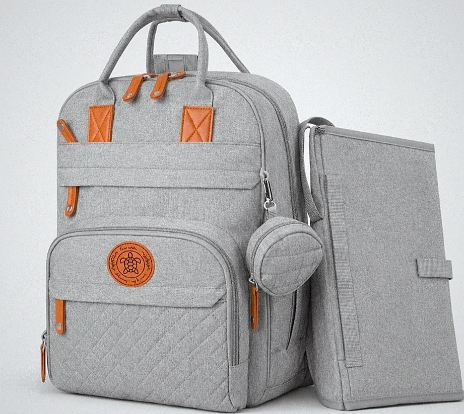 Wickelrucksack Baby Wickeltasche Groß Set Wickelunterlage Kinderwagen Grau