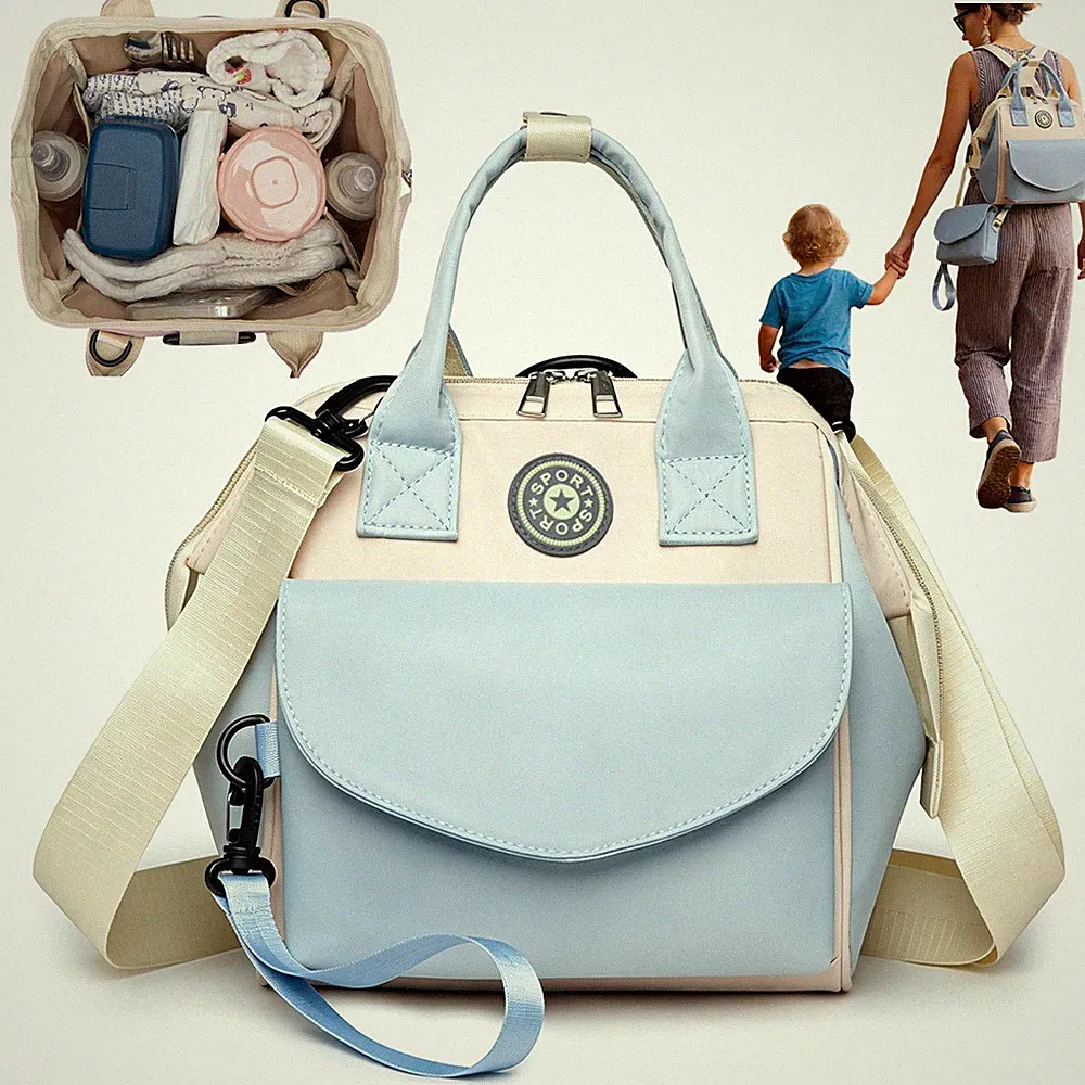 Wickelrucksack Baby Wickeltasche Kinderwagen Set Mit 6 Fächern Blau Wasserfest