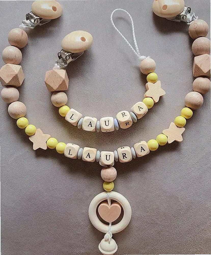 ⭐️Wunderschöne Schnullerkette & Kinderwagenkette Mit Namen In Ein Zartes Gelb ⭐️
