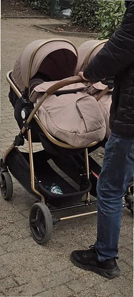Zwillingskinderwagen 2 in 1, Geschwisterkinderwagen beige schwarz gold, klappbar